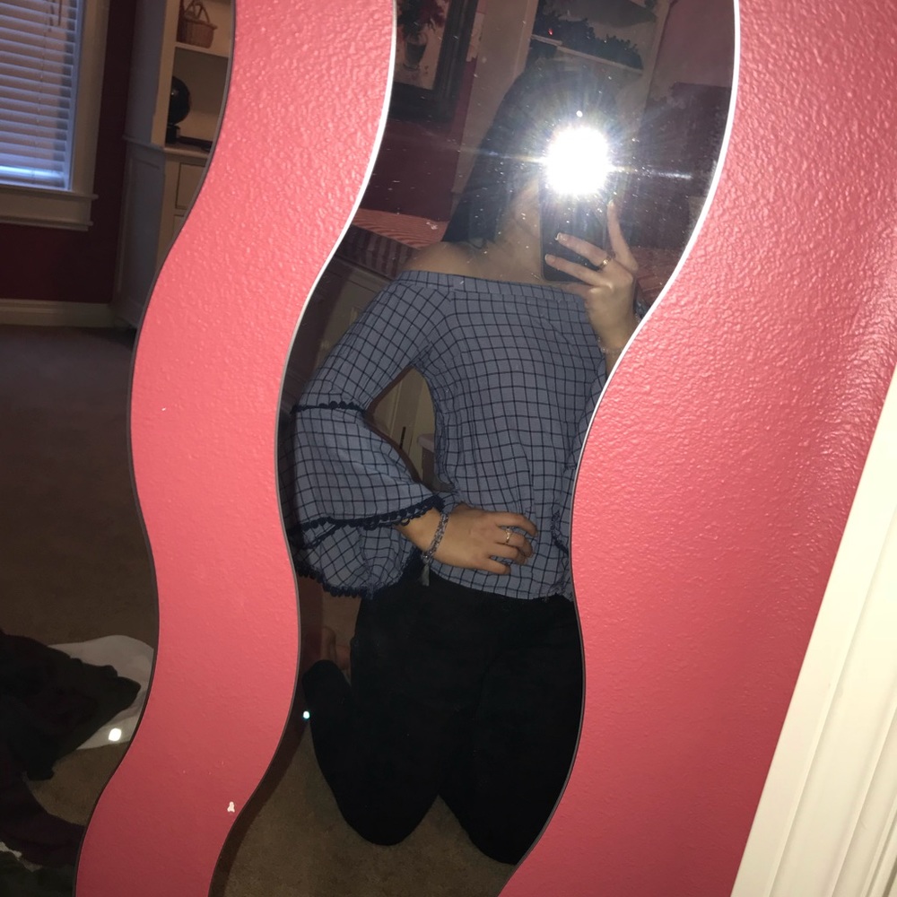 Off the shoulder blue checkered shirt
